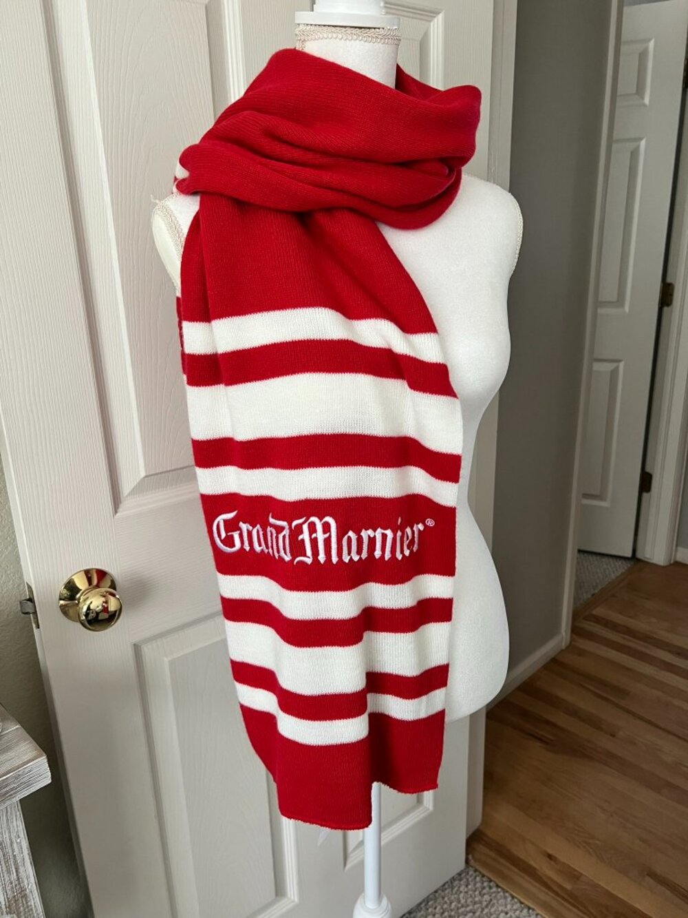 Grand Marnier Red White Striped Knit Scarf Long Stretch Novelty Logo